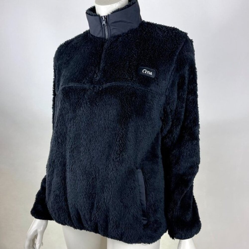 ZYIA Teddy 1/4 Zip Pocket Jacket Long Sleeve Lined Collar Pullover Black Women M - Picture 3 of 13